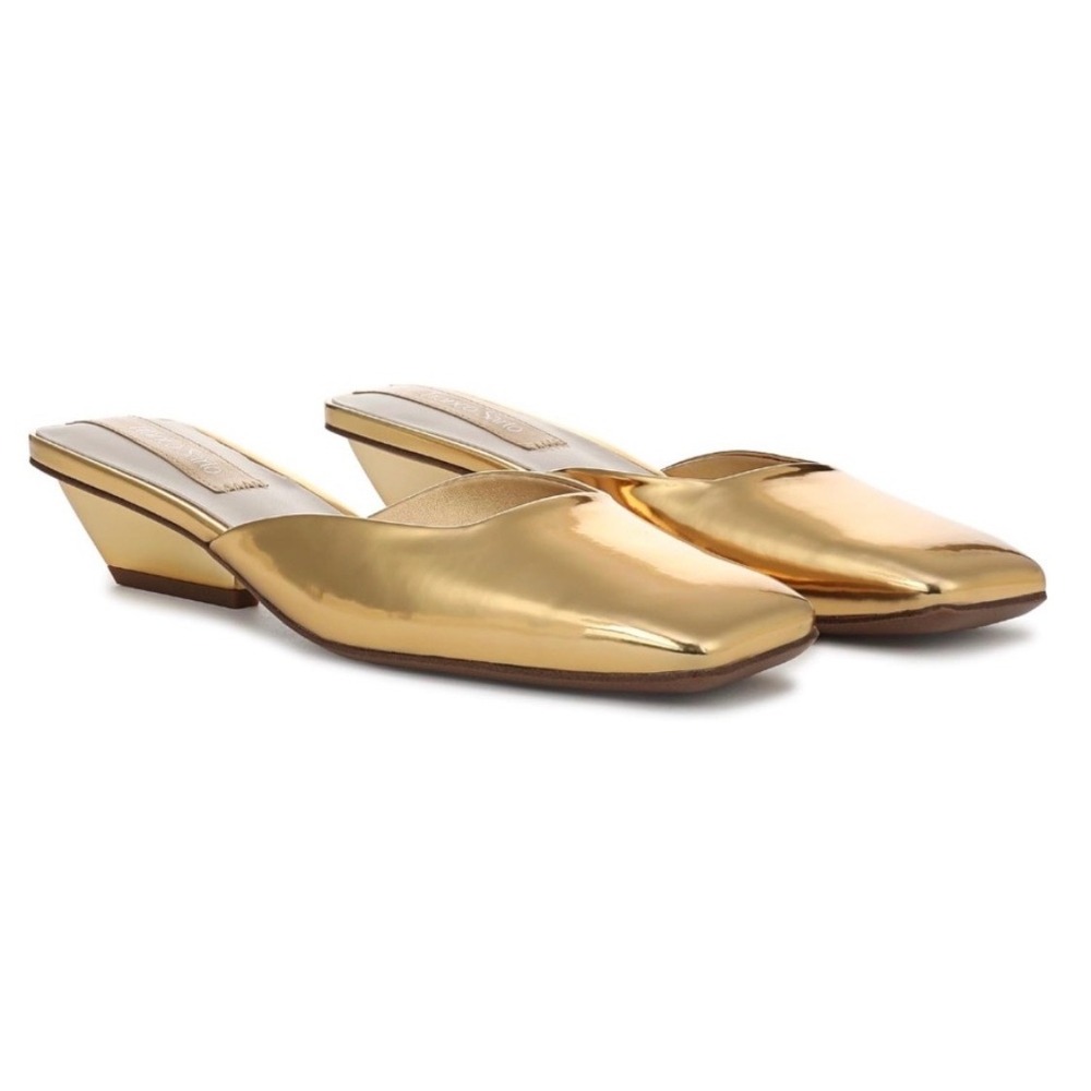 Franco Sarto Nicola Square Toe Mule Gold Metallic Wedge Heel Shoes 9.5
